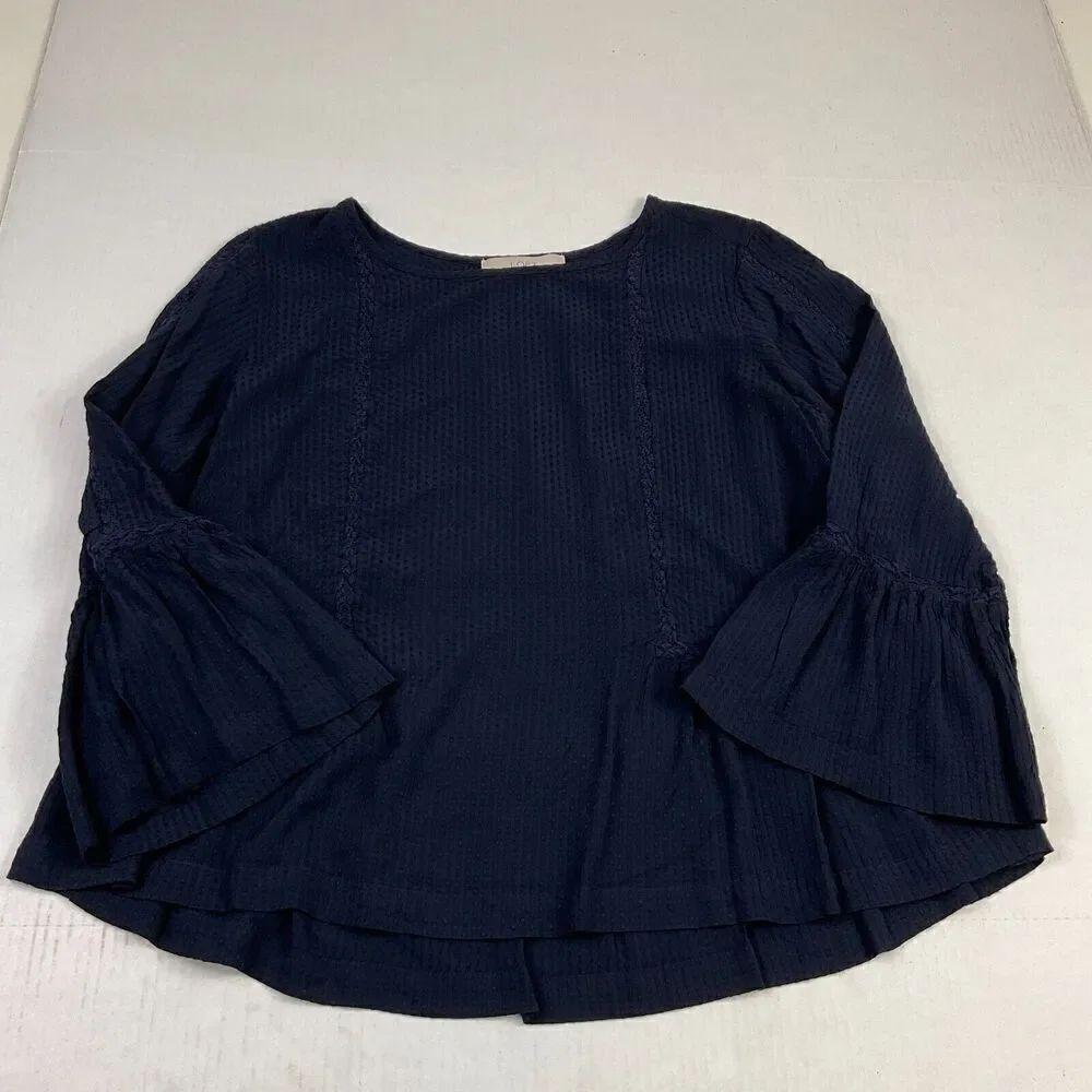 LOFT Womens Babydoll Blouse Blue Flared Long Sleeve Shirt Swiss Dot Top M Medium
